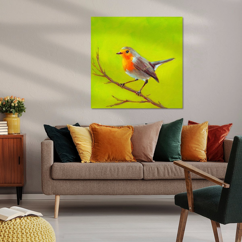 Rotkehlchen im Grünen ist ein Acrylgemälde im zeitgenössischen quadratischen Format handgemalt von der Künstlerin Karen Kaspar. Ein Rotkehlchen sitzt auf einem Ast und schaut zur linken Seite. Der Hintergrund ist abstrakt in unterschiedlichen Schattierungen von hellem Grün gemalt. Die orange-roten Brustfedern des Singvogels leuchten aus dem Grün heraus.
Das Rotkehlchen ist ein gerne gesehener Besucher in meinem Garten und inspiriert mich immer wieder zu neuen Gemälden.
