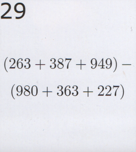 On the top left is the day of the month, 29.  The question reads: What is the sum of 263, 387 and 949 minus the sum of 980, 363 and 227?