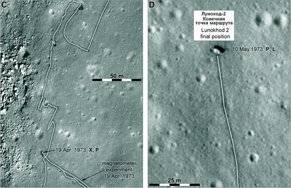 Two detailed maps of parts of the Lunokhod 2 traverse. Left: a complex path along the side of the trough, maybe designed for stereo imaging of the far side of the trough. Right: the last drive and final position of the rover.