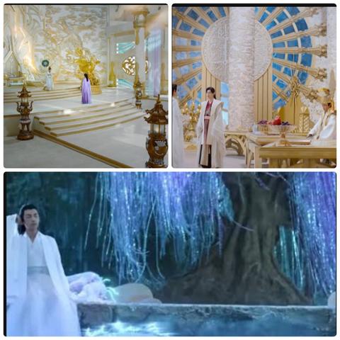 Photo collage of Heavenly Realm scenes from cdrama Ashes Of Love.