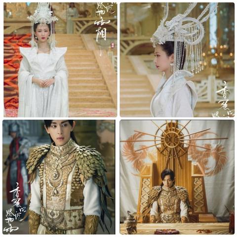 Photo collage of scenes from cdrama Ashes Of Love showing costumes and designs in Heavenly Realm.