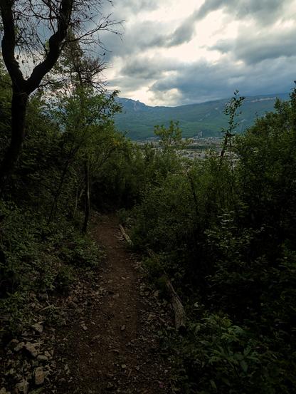 Photo d'un chemin de terre entouré de verdure avec un ciel contrasté au dessus qu vercors qu'on peut apercevoir à travers les branches.