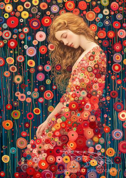 A stylized, painterly image of a young woman with flowing golden hair, eyes closed in peaceful repose. She is surrounded by and draped in a vibrant tapestry of circular, flower-like patterns in red, orange, and pink tones. The background is filled with colourful abstract dots and threads, giving the image a dreamlike, surreal atmosphere.