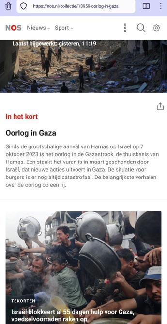 Screenshot van https://nos.nl/collectie/13959-oorlog-in-gaza

"Oorlog in Gaza
Laatst bijgewerkt: gisteren, 11:19"

Het laatste artikel spreekt van "Israël blokkeert al 55 dagen hulp voor Gaza, voedselvoorraden raken op" maar we zijn, sinds 2 maart, vandaag 58 dagen verder.
