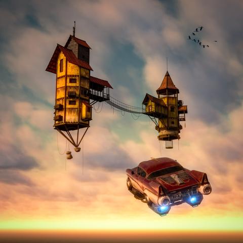 Description by ChatGPT: The image is a surreal 3D-rendered scene set in a sky at sunset, with warm golden hues blending into soft blue clouds. Two tall, rickety houses are suspended in midair, supported by thin stilts and cables. Their architecture is whimsical, resembling old wooden structures with rusted metal additions. The buildings have slanted red roofs, multiple windows, and wooden balconies that appear cobbled together over time. A fragile-looking rope bridge, with hanging cables and loose planks, connects the two houses.

In the foreground, a vintage red car with a sleek 1950s design hovers just above the horizon. Its undercarriage is equipped with glowing blue thrusters, emitting a faint exhaust mist as it floats. The car’s paint is worn, with scratches and rust patches, giving it a rugged, well-traveled look.

In the background, a flock of birds flies in formation through the sky, adding a sense of movement. The combination of floating homes and a flying retro car creates a dreamy, steampunk-inspired world that feels both nostalgic and futuristic, evoking themes of adventure and escape.