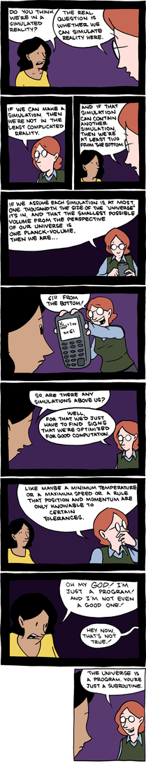 Cartoon in which a character proposes a theory that we're part of a simulation.