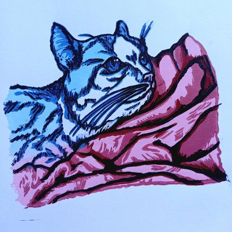 Impression de linogravure dont le sujet est un chat au tons bleus sur une couvertures au tons roses