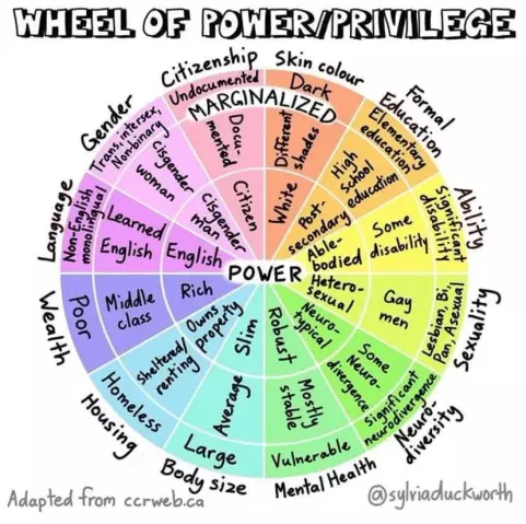 Diagram labelled ‘Wheel of Power/Privilege’ showing the different degrees to which a person can be marginalised or have power over others in society based on their characteristics.

In the centre is the word “power”, and on the outside of the wheel is the word “marginalised”. The categories are:

Body size, with large on the margins, and slim in the centre; 
Mental health, with vulnerable on the margins and robust in the centre;
Neurodiversity, with significant neurodivergence on the margins, and neurotypical in the centre; 
Sexuality with lesbian, bi, pan, asexual on the margins, and heterosexual in the centre;
Ability with significant disability on the margins, and able-bodied in the centre; 
Formal education with elementary education on the margins and post secondary in the centre;
Skin colour with dark on the margins, and white in the centre;
Citizenship with undocumented on the margins, and citizen in the centre;
Gender with trans, intersex and non-binary on the margins and cisgender in the centre;
Language with non-English monolingual on the margins and English in the centre;
Wealth with poor on the margins and rich in the centre;
Housing with homeless on the margins and owns property in the centre.