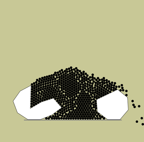 a still of a pymunk simulation with small balck balls and two white polygons (one concave the other convex) on a gray horizontal line.