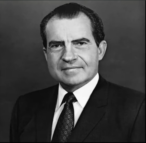 Black and white photograph of president Richard M. Nixon associated with his
radio address about the American Right of Privacy on 23 February 1974 featured in the 1981 NOVA documentary, "Computers, Spies and Private Lives", restored by the Computer History Archives Project (CHAP) and included in the video.

Nixon is pictured from the chest up facing the camera. He wears a dark suit and patterned tie with a light shirt.