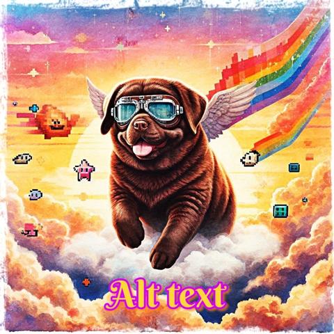 A playful brown puppy with aviator goggles and small white wings, joyfully flying through a colorful, pixelated sky. The background features vibrant shades of pink, orange, and purple, along with a rainbow trail and pixel art details like a small sun and clouds. The puppy looks happy, with its tongue out, adding a fun, lighthearted feel to the image.