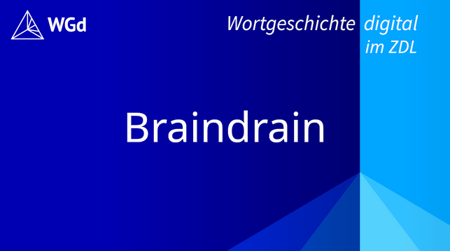 Schriftzug mit dem Stichwort "Braindrain" auf blauem Hintergrund, Logo des Wörterbuchprojekts Wortgeschichte digital im ZDL