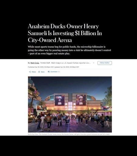 Ducks announce $1B major stadium renovations coming to city-owned, Honda Center….Arte Moreno, take notes you dweeb. 🤡