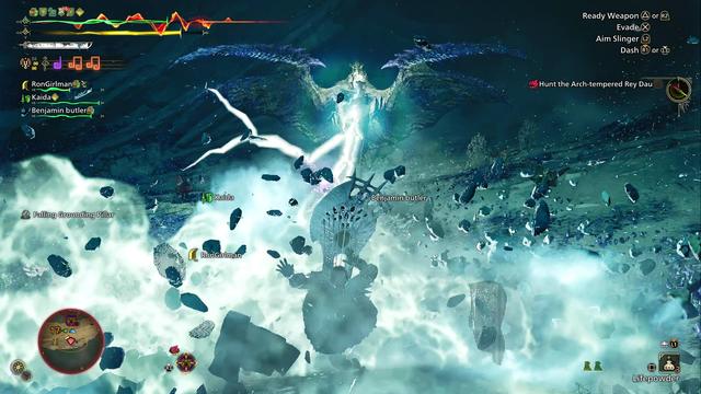 A screenshot from Monster Hunter Wilds of Arch Tempered Rey-Dau electrocuting poor hapless hunters.