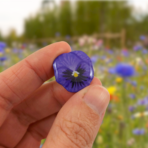 Pin's en forme de fleur de pensée violette.
La perle éco-responsable est réalisée en CD recyclé, découpée et peinte à la main, puis recouverte de résine époxy.