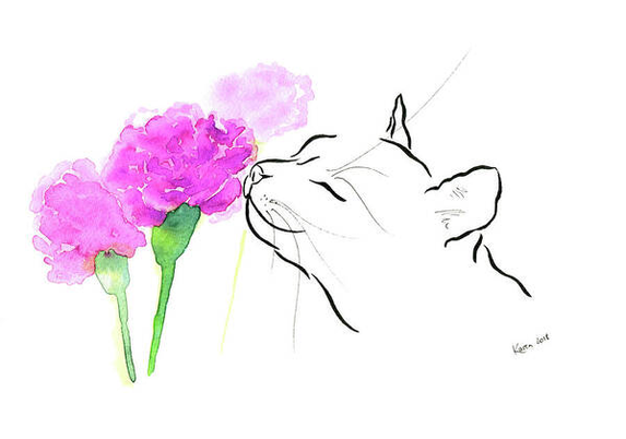 Take a deep breath is a combination of ink drawing and watercolour painting by artist Karen Kaspar. A cute cat sniffs at pink carnation blossoms. The kitten has closed its eyes and seems to enjoy the scent of the flowers with a smile. Take a deep breath and relax. The black minimalist ink drawing of the cat on a white background and the loose watercolour washes of the flowers in vivid shades of pink and green create an exciting pictorial effect.