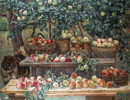 A picnic style wooden table and bench overflowing with wicker baskets of freshly picked apples. The apples, some with leaves, are lying on the table and bench which is positioned in the shade of a couple of apple trees. To the left of the table a dog with a thick brown and cream coat stands keeping watch.