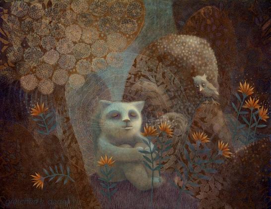 The Peaceful Garden
With eyes closed in peaceful meditation, a white cat considers the nature of life. Surrounded by a flowering tree and small hillocks of varying shades of deep umber, bright orange flowers spark in the quiet space like fire. A curious owl watches nearby and wishes that he would ask his companion about its enigmatic smile. NOTE: This description created especially for my lovely blind friend, Georgiana. :-)