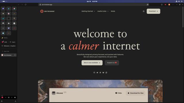 A website landing page promoting a "calmer internet" is shown.  The page features dark gray background with large text "welcome to a calmer internet" in light gray and pinkish color.  Underneath the heading, there is a description, a button to "Learn more", and another button "Support Us".  A picture of some artwork appears in a window at the bottom, with other elements and buttons in the interface.