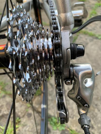 A nine speed cassette viewed up close from the rear of a bicycle. It is mirror-like shiny. To the right is a Shimano Ultegra 6500 rear derailleur.