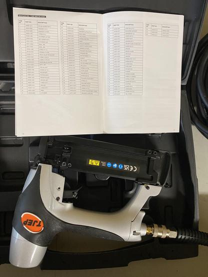 Manual page: named and numbered parts list. 

Bottom: the machine