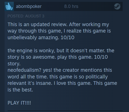 "After working my way through this game, I realize this game is unbelievably amazing. 10/10" g #cyberpunk