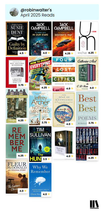 A collage of covers of the 18 books the user read in April 2025,  as tracked at the Storygraph