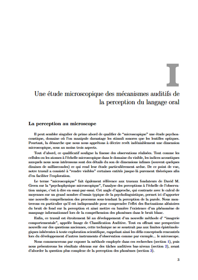 Première page de l'HDR. Titre : Une étude microscopique des mécanismes auditifs de la perception du langage oral.