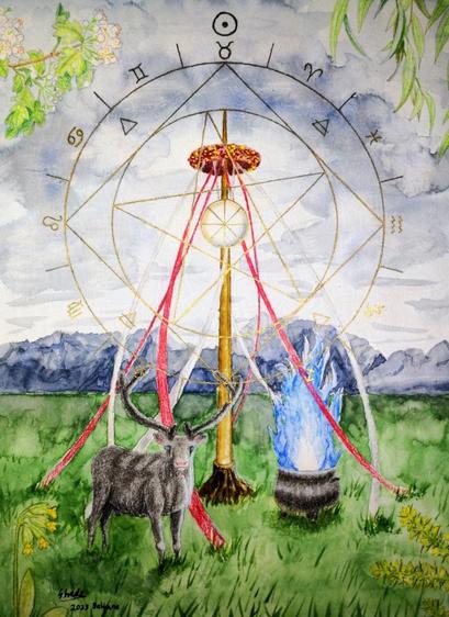 A splendid (if I do say so myself) portrait showing a reindeer standing in a grassy land before a Ribbon-wrapped Maypole while a cloudy yet bright sky hangs over the mountains in the background. A blue fire burns in a cauldron opposite the deer. In the corners of the portrait are illustrations of plants. Inscribed over everything is a magic circle with a pentagram, elemental and astrological symbols, and the Wheel of the Year.