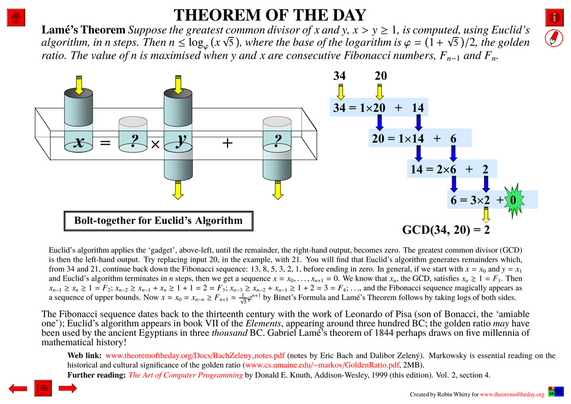 Comprehensive presentation of the "Theorem of the Day", starting with a statement of this theorem.
Lamé’s Theorem : Suppose the greatest common divisor of x and y, x > y ≥ 1, is computed, using Euclid’s algorithm, in n steps. Then n ≤ logϕ (x √5 ), where the base of the logarithm is ϕ = (1 + √5 )/2, the golden ratio. The value of n is maximised when y and x are consecutive Fibonacci numbers, Fn−1 and Fn.