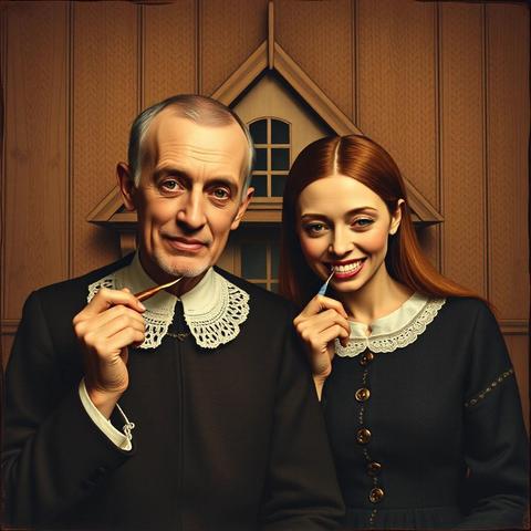 Image with seed 520736438 generated via Stable Diffusion through @stablehorde@sigmoid.social. Prompt: the couple from American Gothic brushing their teeth