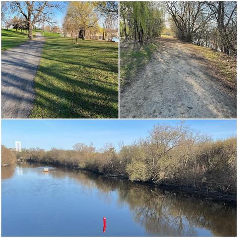 Grid of three images:

1) gravel path through park land with greening grass, and trees starting to sprout, with a blue sky above.

2) gravel pathway through a bunch of young greening trees.

3) View from St Patrick street bridge, looking north over the Rideau River snowing the tree-lined shore under a blue sky.