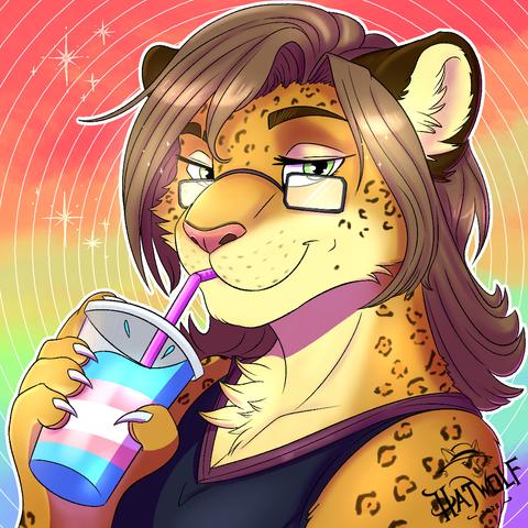 A confident anthropomorphic jaguar with long brown hair, green eyes, and glasses smiles while sipping a colorful drink through a pink and purple straw. The drink cup is decorated with the colors of the transgender pride flag. The jaguar wears a black tank top with purple trim, and the background features a rainbow gradient with star-like sparkles and circular line patterns, giving a vibrant and celebratory vibe. The artist’s signature, “Hatwolf 2025,” is in the bottom right corner.
