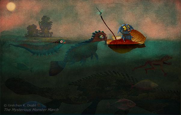On a tiny orange leaf, sits a small monster as he floats across large, dark lake. A strange swimming creature approaches from behind, causing him to become slightly alarmed. Below the waterline, multiple fish and monsters move at different speeds through the murky depths.