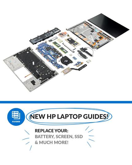iFixit teardown photo of an HP EliteBook laptop with all its individual components laid out in a rough grid on a white background. Under the photo is a blue horizontal line that separates it from black text that reads "New HP Laptop Guides!" in all caps, circled in blue, with a guide icon labeled "Guides" on its left. Underneath that it says "Replace your: Battery, Screen, SSD, and much more!" with blue accent lines around it. The text is in all caps, and the text underneath the black "Replace Your:" text is dark gray.