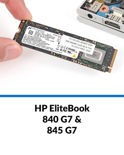 Photo of an M.2 2280 SSD being held next to an upside down HP EliteBook with its bottom cover removed. The laptop is barely in the shot, with only its back-right corner (with the DC-in and HDMI-out ports) showing. The SSD is labeled to show it's a 256GB NVMe drive manufactured by Micron. Underneath this image is a blue horizontal line, separating it from black text underneath that reads "HP EliteBook 840 G7 & 845 G7" on a white background.