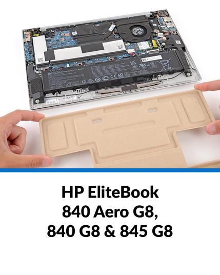 iFixit guide photo of an HP EliteBook upside down on a white table with its bottom cover removed, exposing its internals. No other components are removed from the laptop, but two hands are holding a cardboard cover for the battery parallel with the laptop directly underneath it. Underneath the guide photo is a blue horizontal line that separates it from black text that reads "HP EliteBook 840 Aero G8, 840 G8 & 845 G8" on a white background.