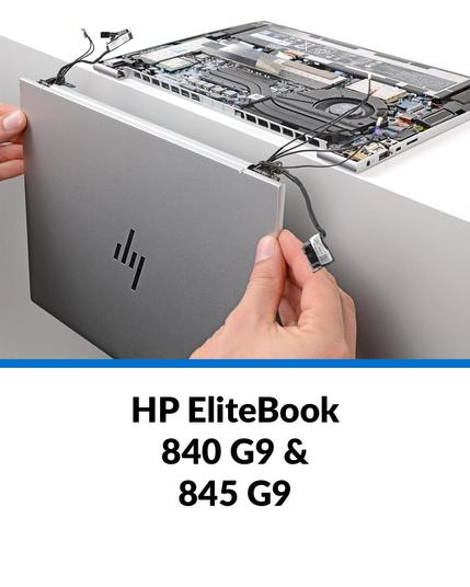 iFixit guide photo showing the screen assembly being removed from an HP EliteBook laptop. The laptop is upside down, with its bottom cover removed, resting so its hinges are along the edge of a white table. Two hands are holding the laptop's screen assembly with its hinges and various cables sticking out of it slightly off the laptop, indicating it is either being removed or put back on. Underneath the photo is a blue horizontal line that separates it from black text that reads, "HP EliteBook 840 G9 & 845 G9" on a white background.