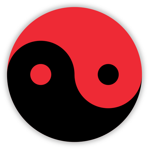 Taotech logo is a black and red yin and yang symbol that is rotated 90° so that the dots are horizontally aligned instead of vertically.

This version of the logo has the black half on the bottom, the red half on the top.