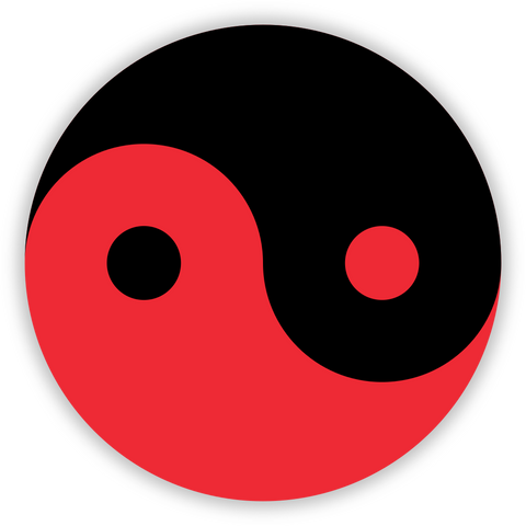 Taotech logo is a black and red yin and yang symbol that is rotated 90° so that the dots are horizontally aligned instead of vertically.

This version of the logo has the red half on the bottom, the black half on the top.