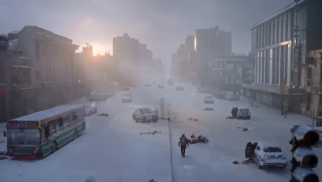 A heavily clothed man with a rifle walks in the middle of a wide, deserted street. Buildings and cars seem randomly abandoned and everything is covered by snow.