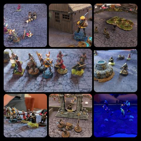 Several pictures of the adventurers fighting snakes, skeletons, and bats, all around desks, fountains, portals. Some are lying on the floor because deaded by baddies