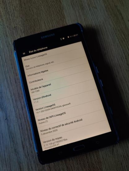 properties of the tablet
Samsung SM-T280
LineageOS 14.1
Android 7.1.2