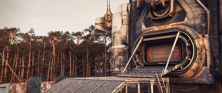 Wide shot, exterior, day -

A smaller, "light cruiser" sized ship stands in a clearing in a pine forest. The clearing is fenced off with old sheets of tin, and a platform with a ramp has been erected to load and unload the ship.