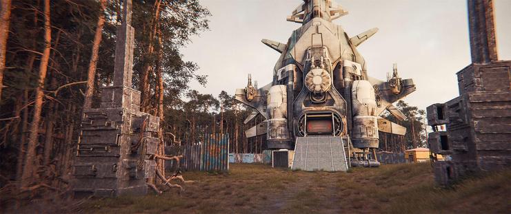 Wide shot, exterior, day -

A smaller, "light cruiser" sized ship stands in a clearing in a pine forest. The clearing is fenced off with old sheets of tin, and a platform with a ramp has been erected to load and unload the ship.