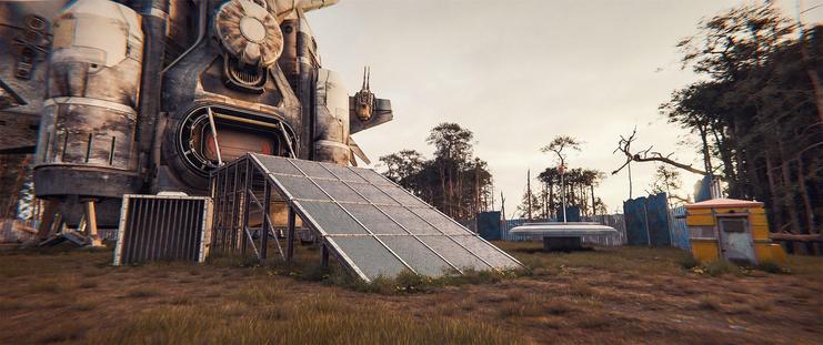 Wide shot, exterior, day -

A smaller, "light cruiser" sized ship stands in a clearing in a pine forest. The clearing is fenced off with old sheets of tin, and a platform with a ramp has been erected to load and unload the ship.