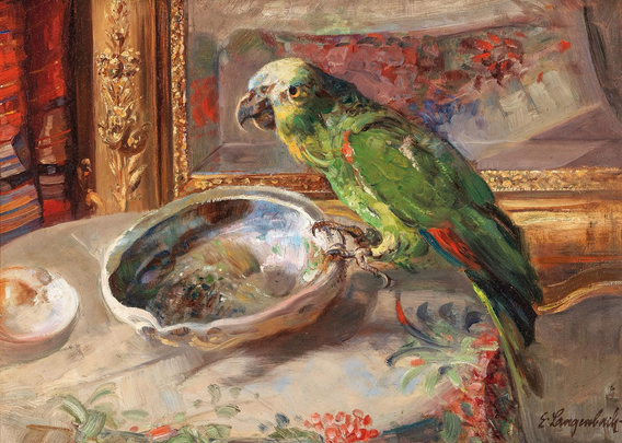 oil painting in landscape orientation, portrait of a turquoise-fronted parrot in side profile perched on an abalone shell (flipped over to function like a dish) on a round table with floral tablecloth, with second smaller shell visible to left; gold-framed mirror visible behind, artist signature in lower right corner