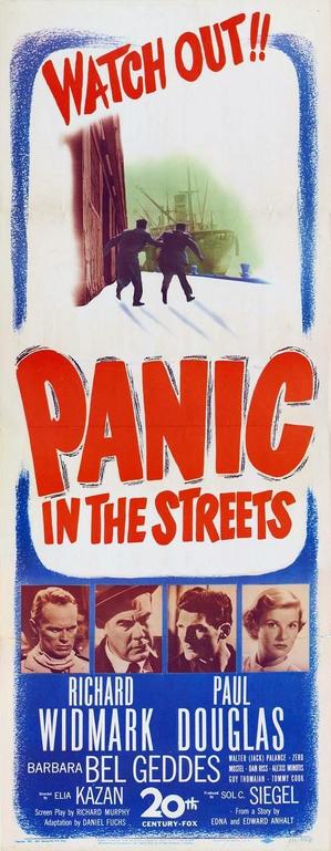 Main image: two men running on a dockside, a ship visible in for in the distance. Below, four vignettes of the stars of the movie, each with a serious expression.

Poster for the 1950 movie “Panic in the Streets” starring Richard Widmark, Paul Douglas, Barbara Bel Geddes, Jack Palance, Zero Mostel.