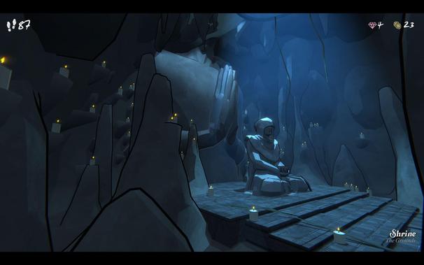 A gloomy chamber carved out of rock in which there is a cloaked figure of stone sits with a bowl in their hands. Behind two hands emerge from the rock and clasp as if engaging in prayer.