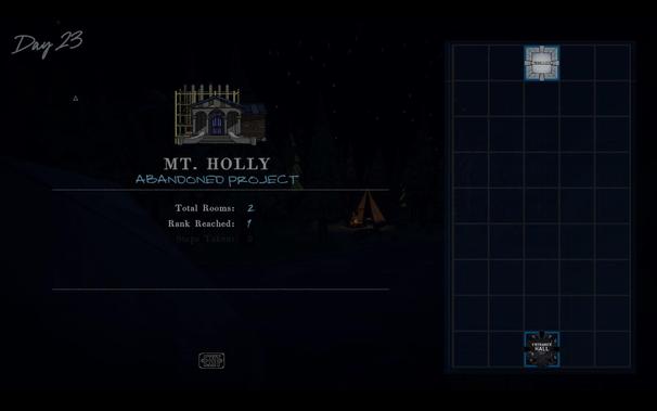 An empty day end screen describing Mt. Holly as "Abandoned Project".